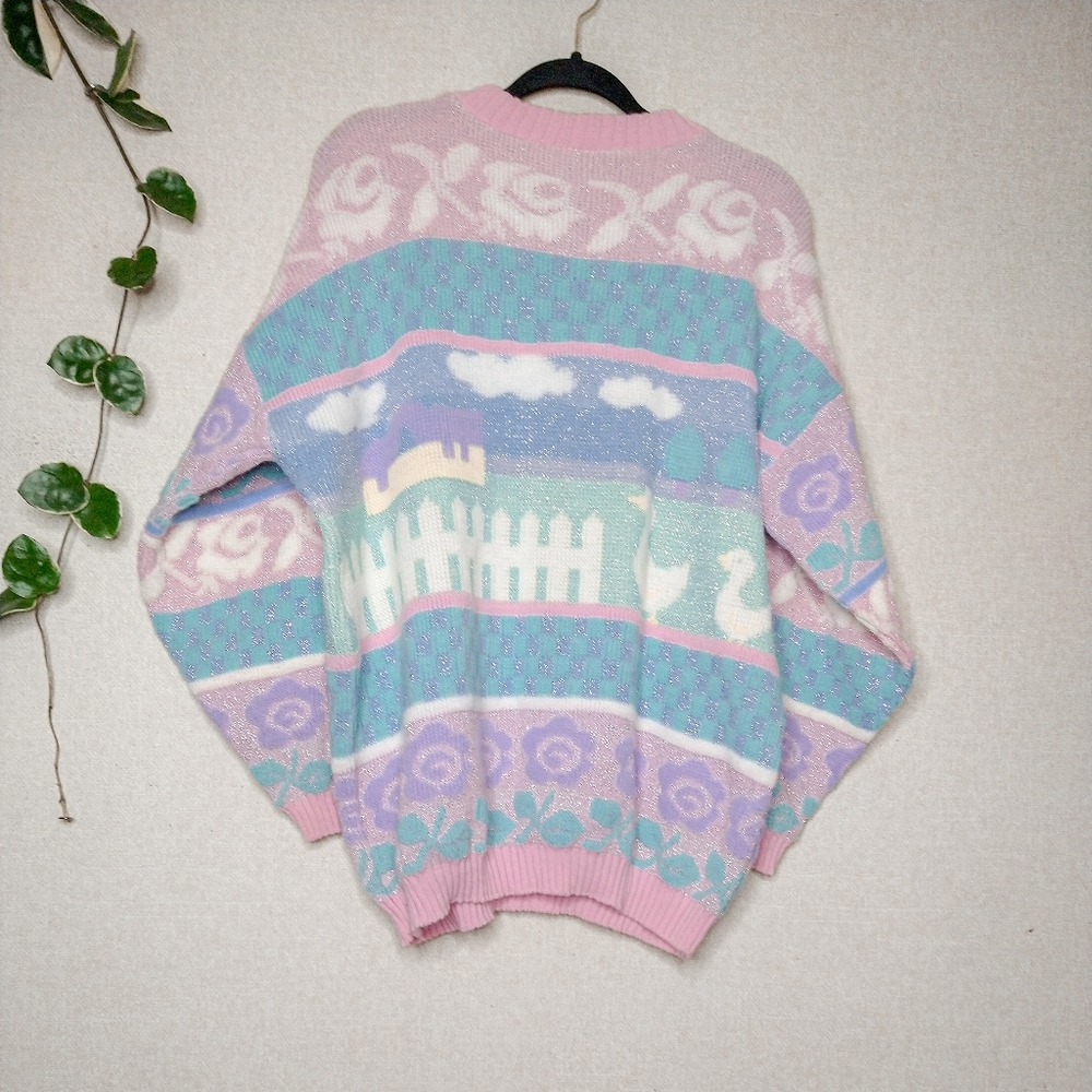 RARE Vintage 80s Fairy Kei Rose Pink Duck Goose Farm Metallic Landscape Sweater - Picture 3 of 4
